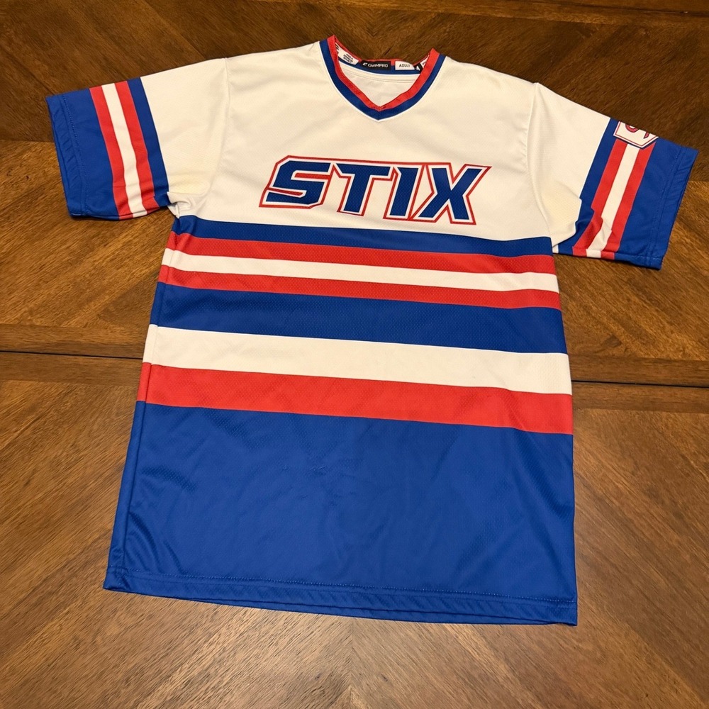 Champro STIX Baseball Jersey Mens Medium Blue Red White Striped V-Neck J-BB4